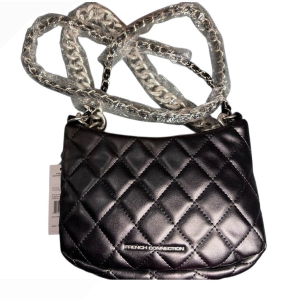 French Connection Eliza Diamond Quilted Crossbody Bag Black Metallic Chain